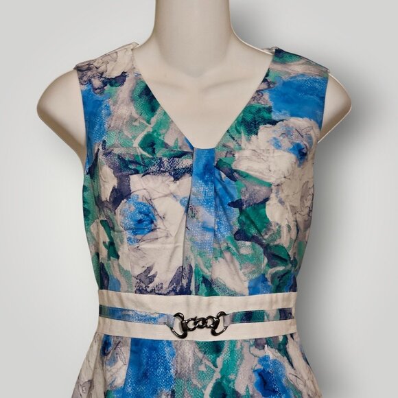 Alex Marie Petite 4P Blue & White Floral Sleeveless Knee-Length Dress $129.00. - Picture 4 of 14